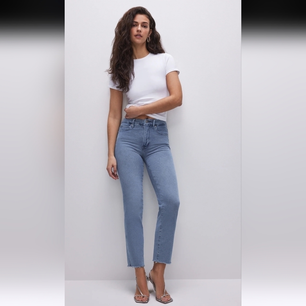 Good American Good Legs Straight Jeans High Rise Raw Hem Light Wash 6/28 - Picture 2 of 10